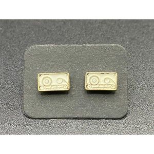 Gold Tone and White Enamel Cassette Tape Stud Earrings